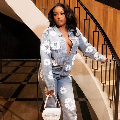 Women‘s Fashion Denim Jacket Long Sleeve Single Breated Jeans Coat Streetwear Floral Print Denim Jackets Club Tops Outwear