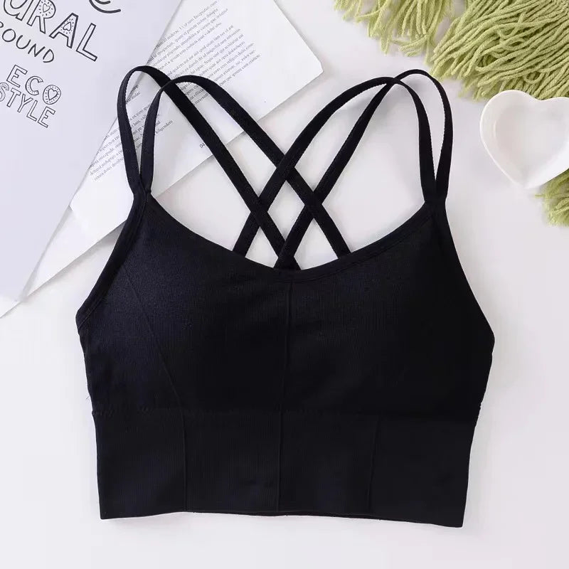 Sexy Cross-Back Sports Bra – Push-Up Tank Top, Breathable, Soft Fitness Yoga Bra, Solid Colors