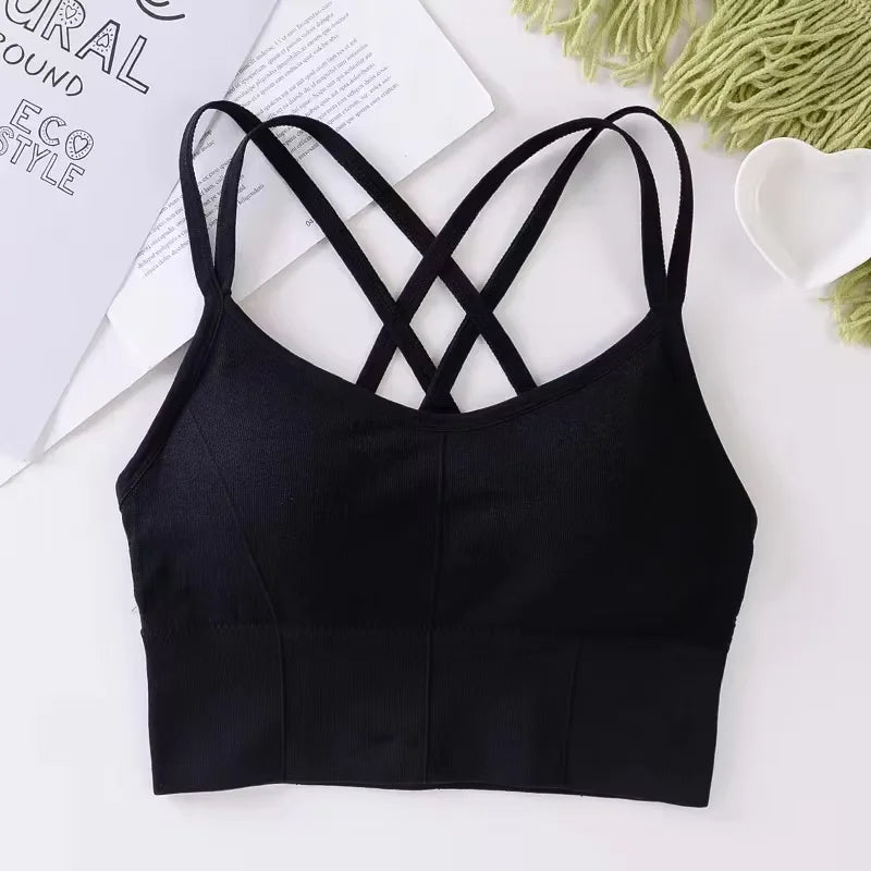 Sexy Cross-Back Sports Bra – Push-Up Tank Top, Breathable, Soft Fitness Yoga Bra, Solid Colors