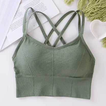 Sexy Cross-Back Sports Bra – Push-Up Tank Top, Breathable, Soft Fitness Yoga Bra, Solid Colors