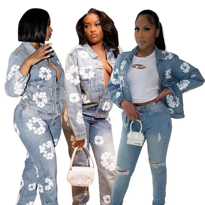 Women‘s Fashion Denim Jacket Long Sleeve Single Breated Jeans Coat Streetwear Floral Print Denim Jackets Club Tops Outwear