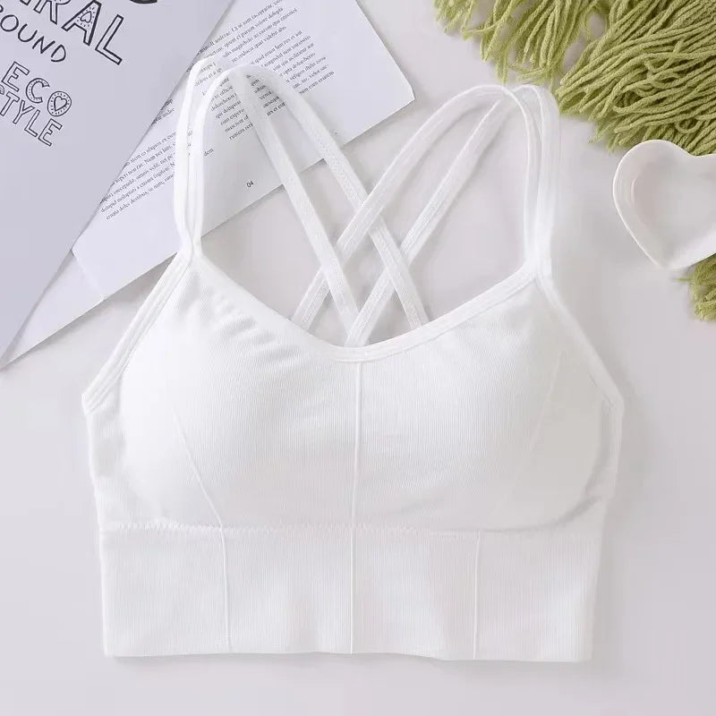 Sexy Cross-Back Sports Bra – Push-Up Tank Top, Breathable, Soft Fitness Yoga Bra, Solid Colors