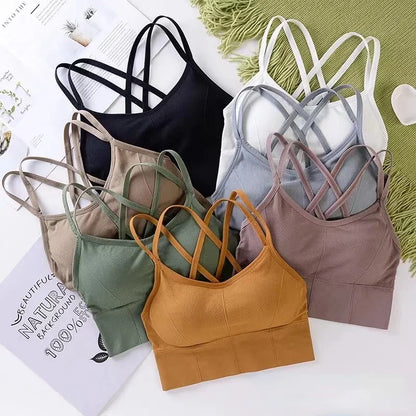 Sexy Cross-Back Sports Bra – Push-Up Tank Top, Breathable, Soft Fitness Yoga Bra, Solid Colors
