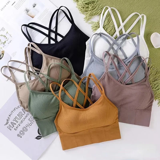 Sexy Cross-Back Sports Bra – Push-Up Tank Top, Breathable, Soft Fitness Yoga Bra, Solid Colors