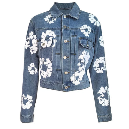 Women‘s Fashion Denim Jacket Long Sleeve Single Breated Jeans Coat Streetwear Floral Print Denim Jackets Club Tops Outwear