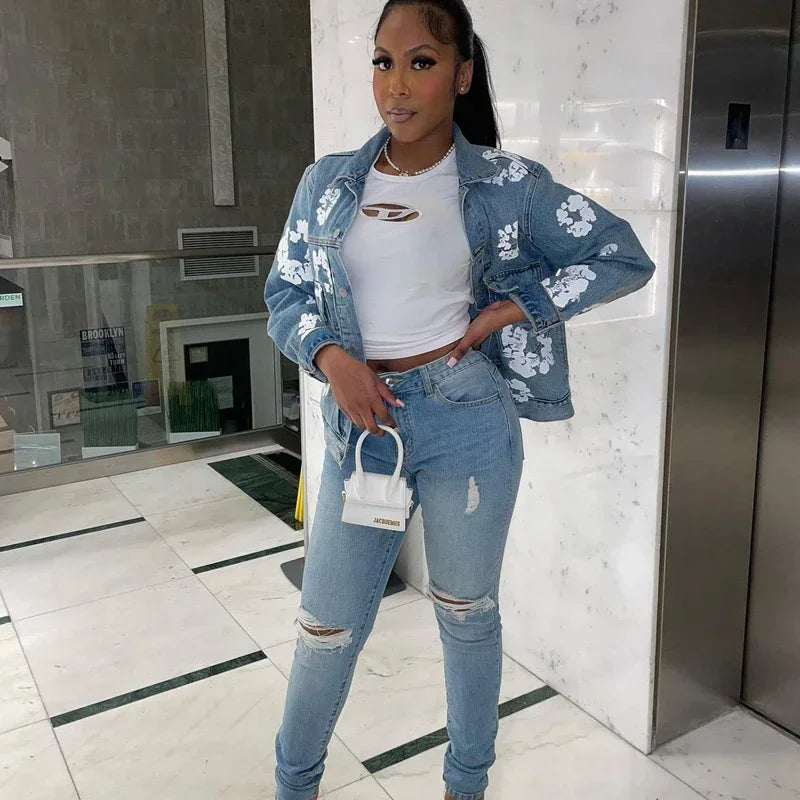 Women‘s Fashion Denim Jacket Long Sleeve Single Breated Jeans Coat Streetwear Floral Print Denim Jackets Club Tops Outwear