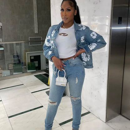 Women‘s Fashion Denim Jacket Long Sleeve Single Breated Jeans Coat Streetwear Floral Print Denim Jackets Club Tops Outwear