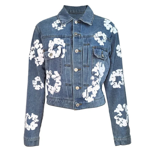 Women‘s Fashion Denim Jacket Long Sleeve Single Breated Jeans Coat Streetwear Floral Print Denim Jackets Club Tops Outwear