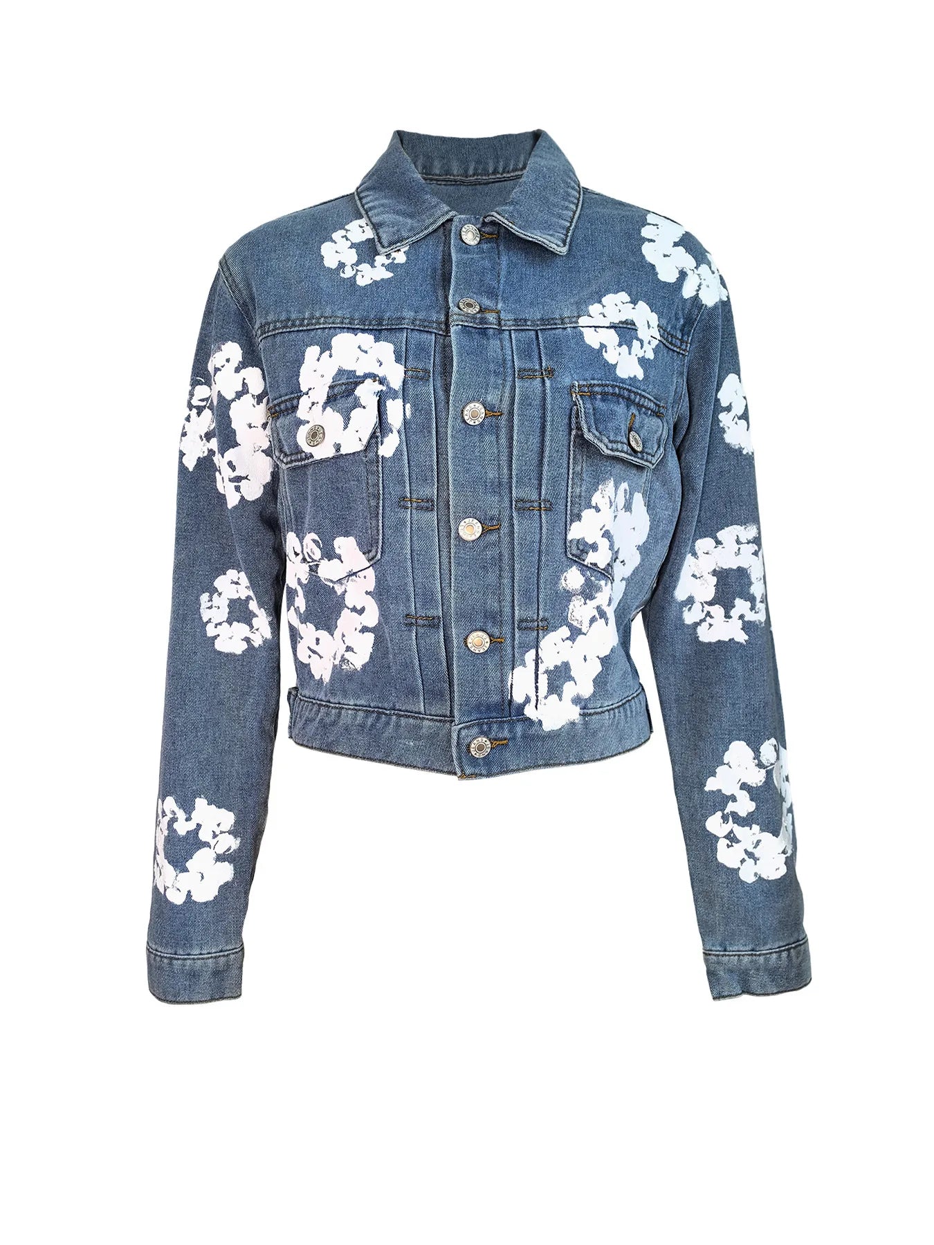 Women‘s Fashion Denim Jacket Long Sleeve Single Breated Jeans Coat Streetwear Floral Print Denim Jackets Club Tops Outwear