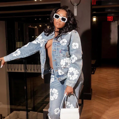 Women‘s Fashion Denim Jacket Long Sleeve Single Breated Jeans Coat Streetwear Floral Print Denim Jackets Club Tops Outwear